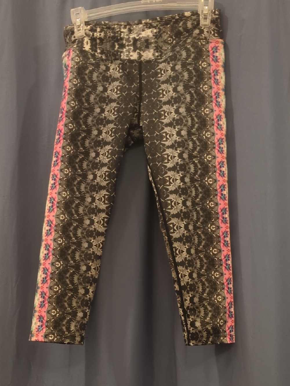 Prana Black Patterned Leggings with Pink Floral Side Stripe